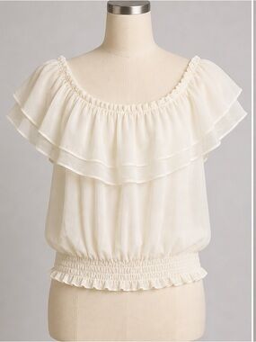 Moussy Tiered Ruffle Off-The-Shoulder Blouse Bardot Top Cream Size Free Romantic